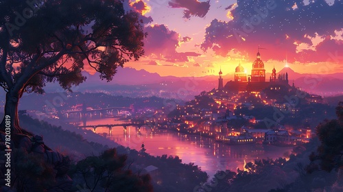A beautiful illustration view from the top of the hill with a view of the royal castle and the city at sunset photo