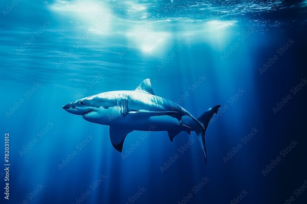 Fototapeta premium Great white shark swimming in the blue ocean with sun rays piercing through the water, AI-generated.
