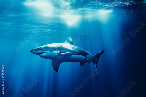 Great white shark swimming in the blue ocean with sun rays piercing through the water, AI-generated. © Wirestock