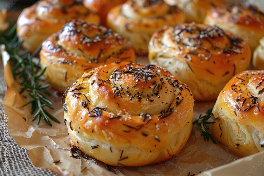 Homemade baked rosemary buns on baking parchment Homemade baked rosemary buns on baking parchment
