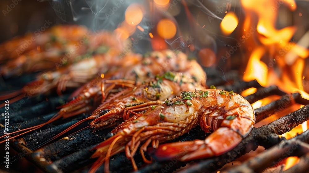 Grilled shrimps on a barbecue with intense fire flames Grilled shrimps on a barbecue with intense fire flames