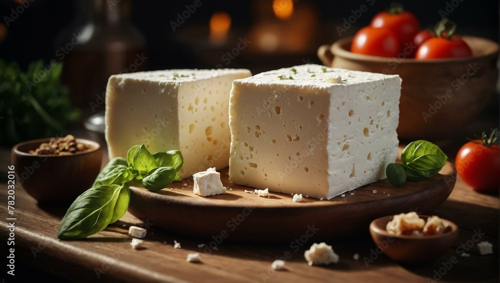 Feta cheese pieces on a wooden plate with tomatoes, basil, and spices, creating a rustic culinary scene