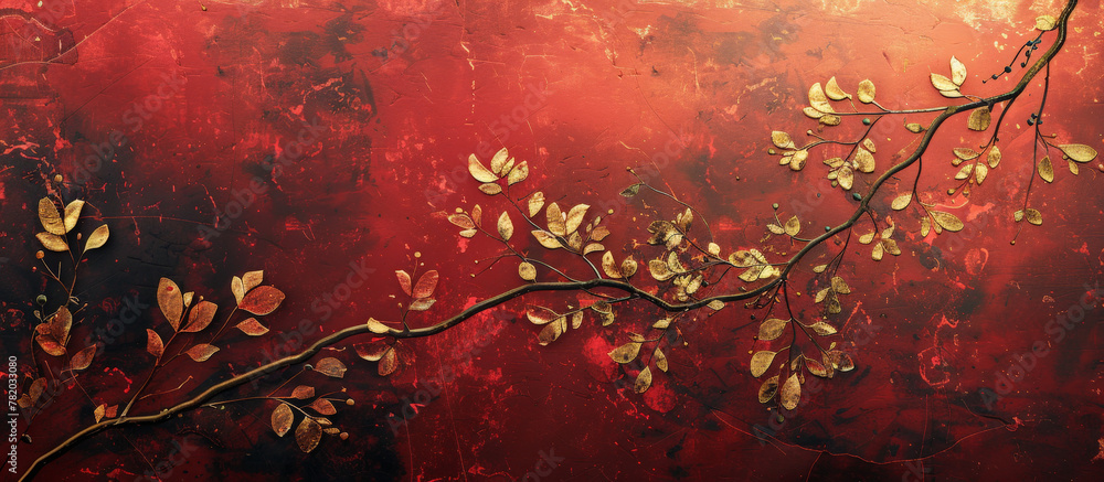 Fototapeta premium A luxurious backdrop in deep red tones adorned with golden branch with leaves stretching across a textured, deep red background.