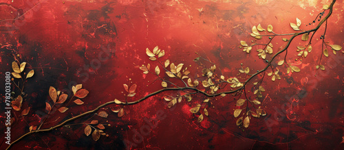 A luxurious backdrop in deep red tones adorned with golden branch with leaves stretching across a textured, deep red background.