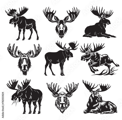 Collection of elk silhouettes on white background