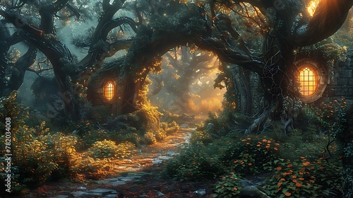 The hobbit house at the morning with sunrise light