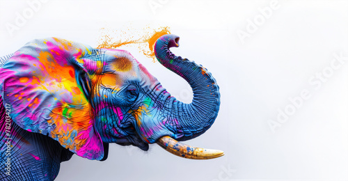 A colorful elephant with a spray paint splatter on its trunk. elephant is the main focus of the image, the colors and splatters give it a vibrant and playful appearance. elephant head face. © Nataliia_Trushchenko