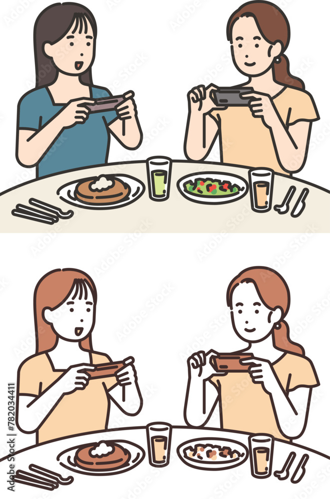 Illustration of two female taking photos of food Illustration of two female taking photos of food