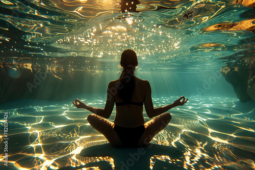 Underwater Yoga: silhouette of woman practicing yoga poses underwater in a clear pool, creating an ethereal feel. wellness, mindfulness photo