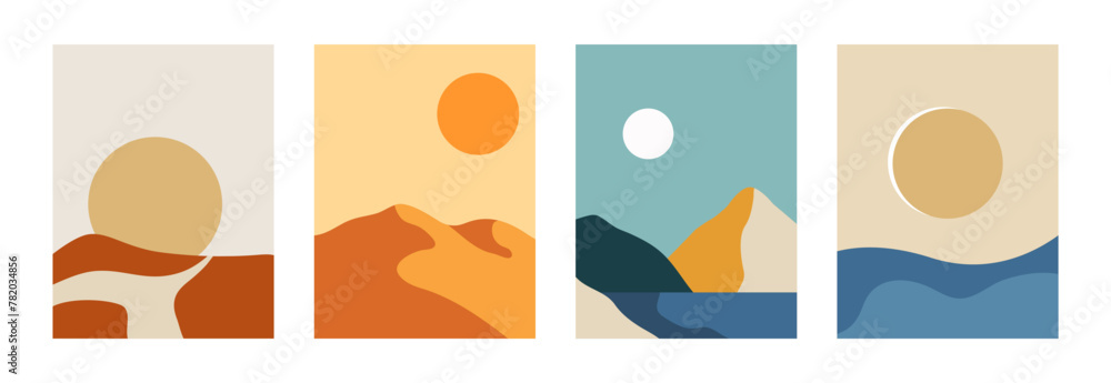 Abstract landscape poster collection. Trendy flat collage art style backgrounds. Nature landscape banner. Vector