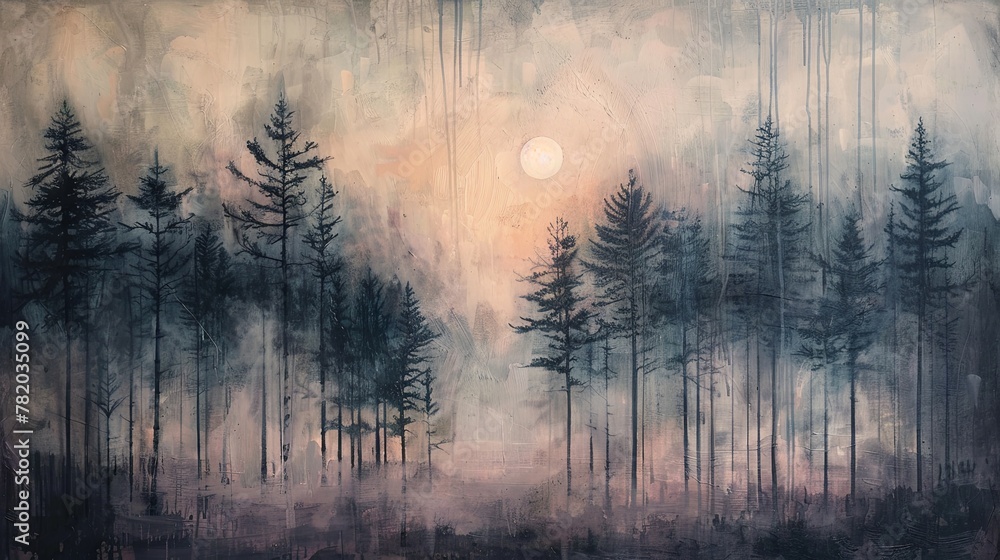 Subtle hues and muted tones create an ethereal atmosphere in this abstract pine forest landscape.