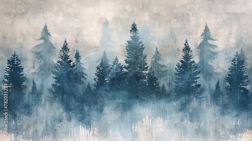 Soft, muted hues evoke a sense of serenity in this abstract rendition of a pine forest. photo