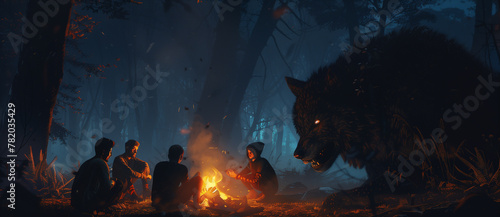 Young school boys telling scary campfire stories with a werewolf watching from the dark woods. Summer camp scary dogman wolf story.