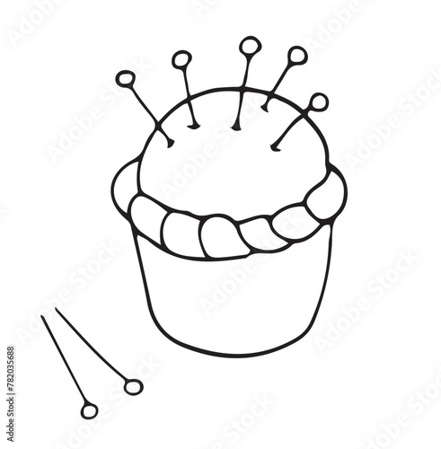 Hand-drawn illustration of pincushion with pins. Craft element vector icon isolated on white background for your logo and design
