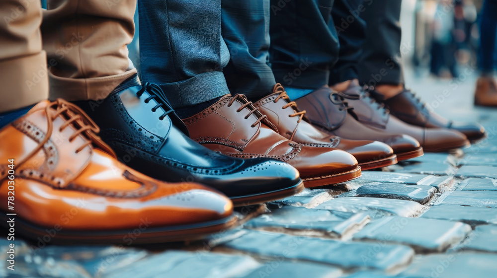 A diverse group of people standing near each other, showcasing their stylish brown business shoes with a touch of sophistication A diverse group of people standing near each other, showcasing their stylish brown business shoes with a touch of sophistication