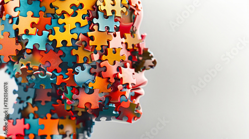 Detailed view of a vibrant puzzle piece forming a part of a human head made of mosaic