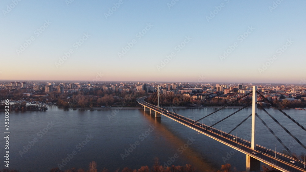 The bridge on the Danube river photographed from a drone. The bridge on the Danube river photographed from a drone.
