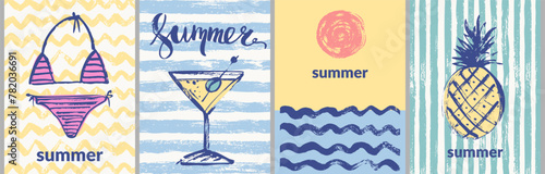 Summer striped and wavy patterns with swimsuit, cocktail, pineapple, sun, sea waves