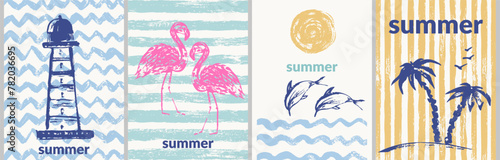Summer striped and wavy patterns with lighthouse, flamingo, dolphins, palm trees, sun, sea waves