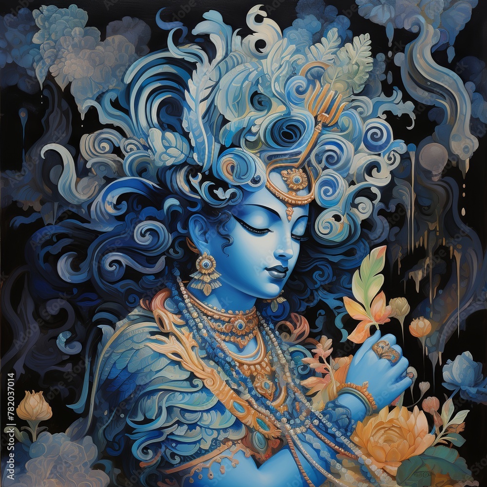 illustration of High detail gouache painting of a God krishna, Generative ai