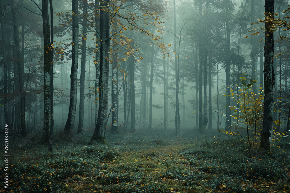 Express the stillness of a peaceful forest, with muted tones and delicate patterns echoing the whisper of leaves