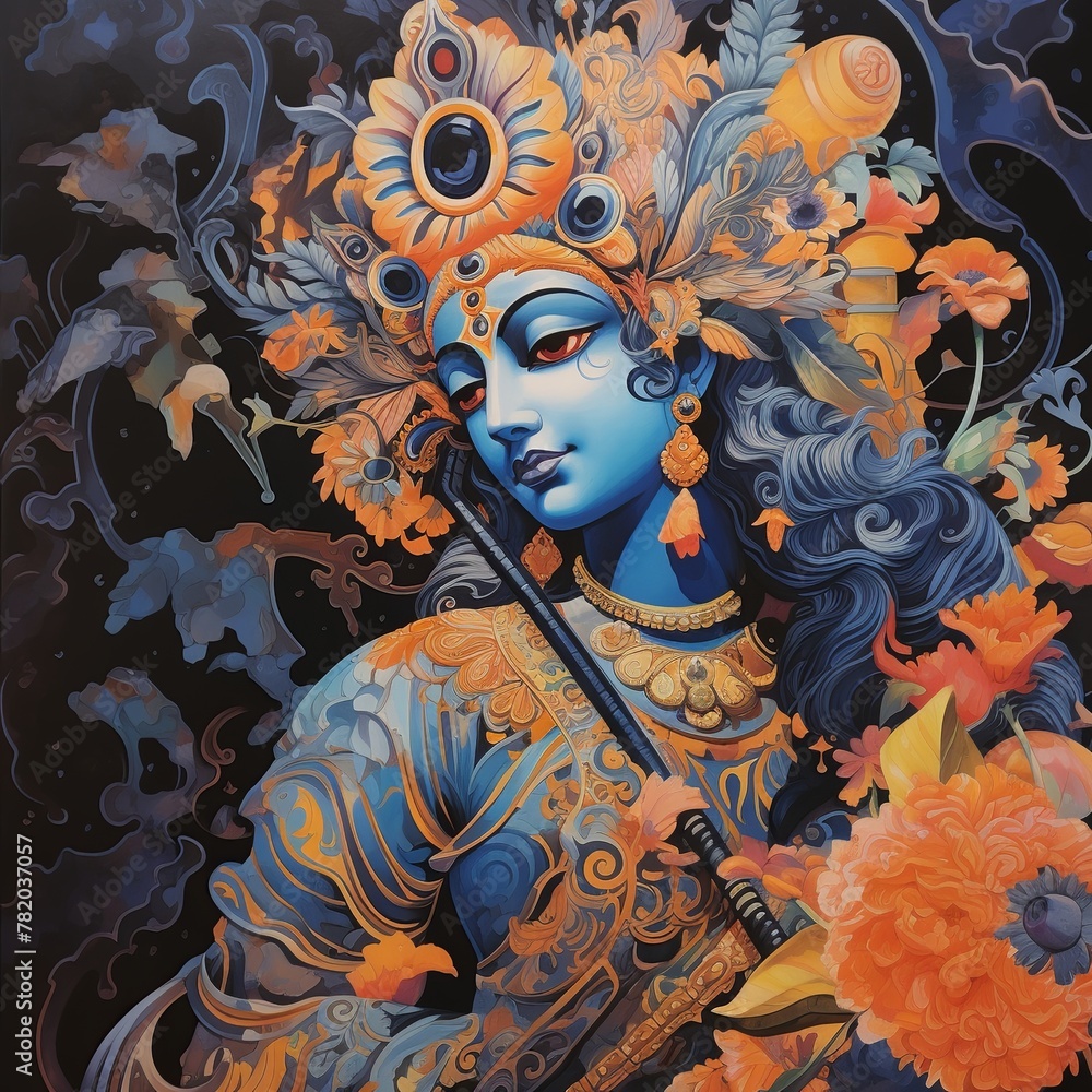 illustration of High detail gouache painting of a God krishna, Generative ai