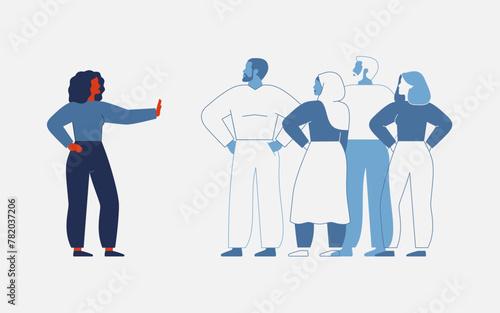 Woman setting personal boundaries during communication with friends and colleagues. Female Defending her privacy comfort zone. Self respect and Healthy relationships on workplace. Vector illustration