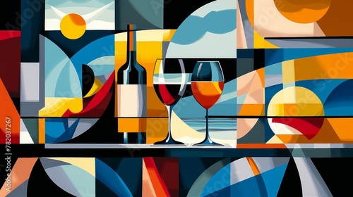 Geometric Cubist Style Still Life with Wine and Glass 