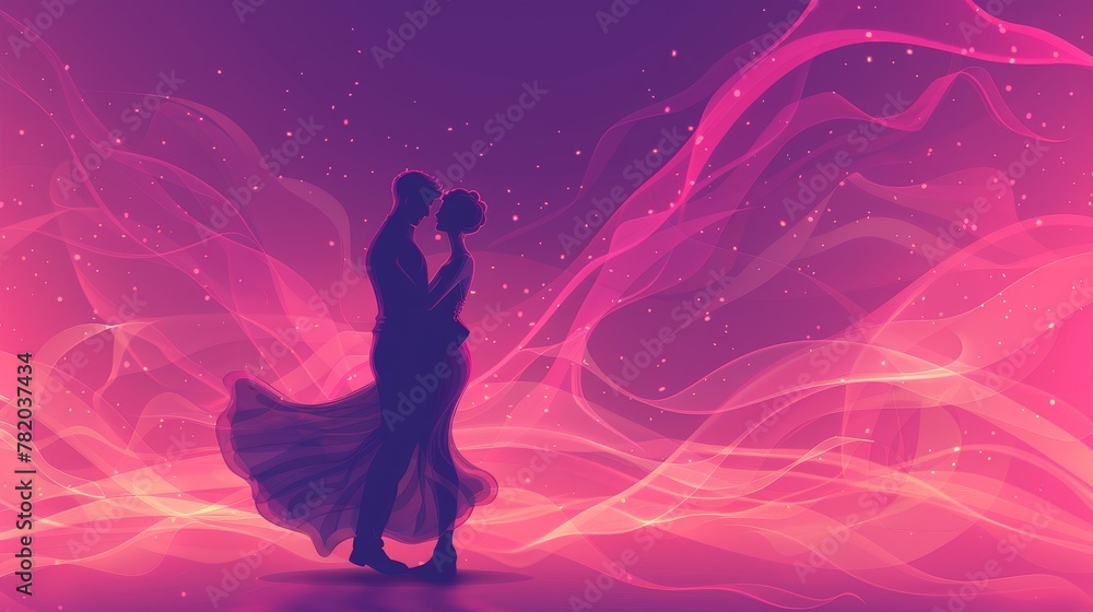 Romantic Couple Dancing in Purple Hues with Sparkling Stars Background
