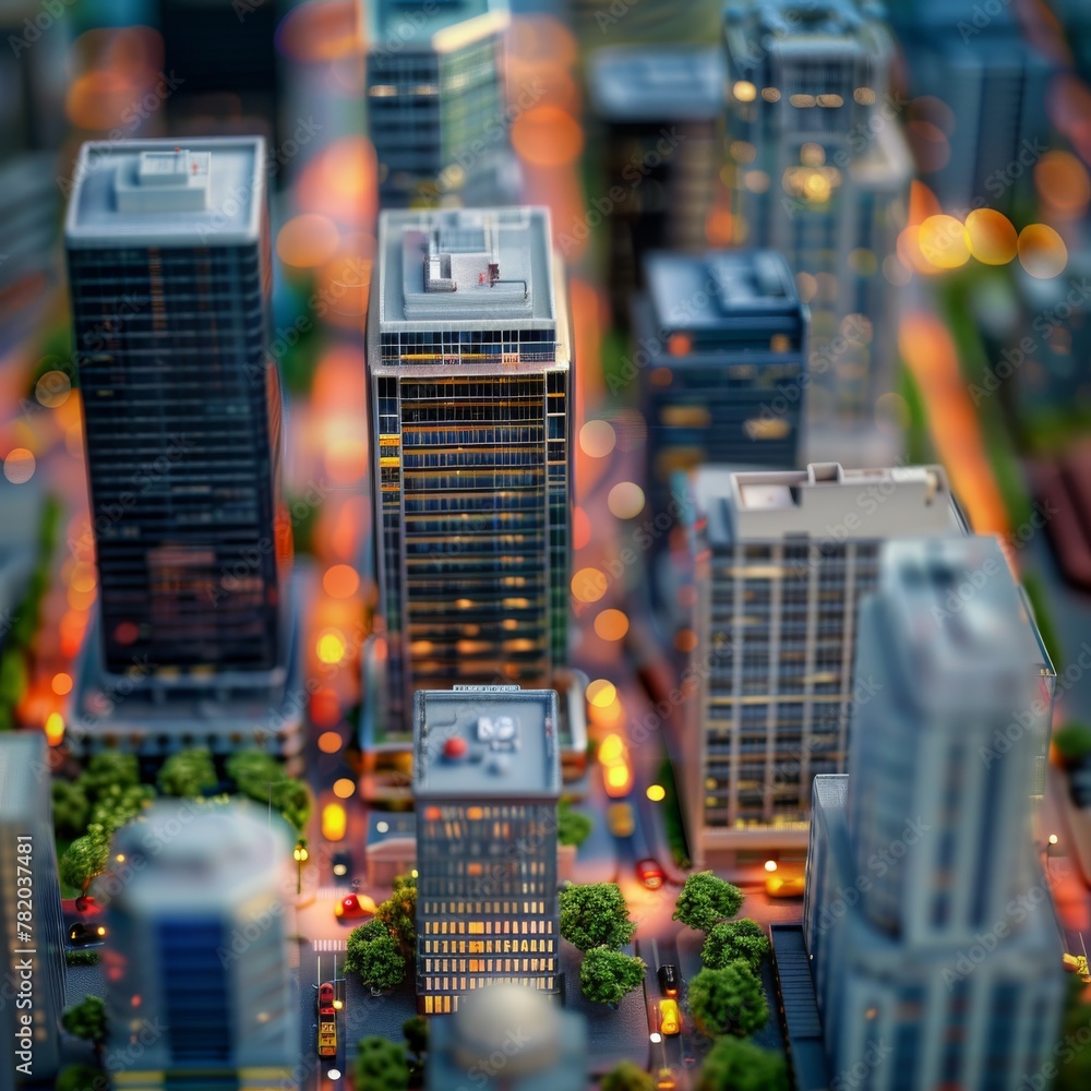 Obraz premium Business City Center, Downtown Skyscrapers Landscape, Sky Scrapers Panorama, City Miniature Diorama