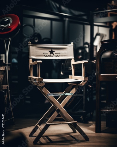 Empty black directors chair on filming set.