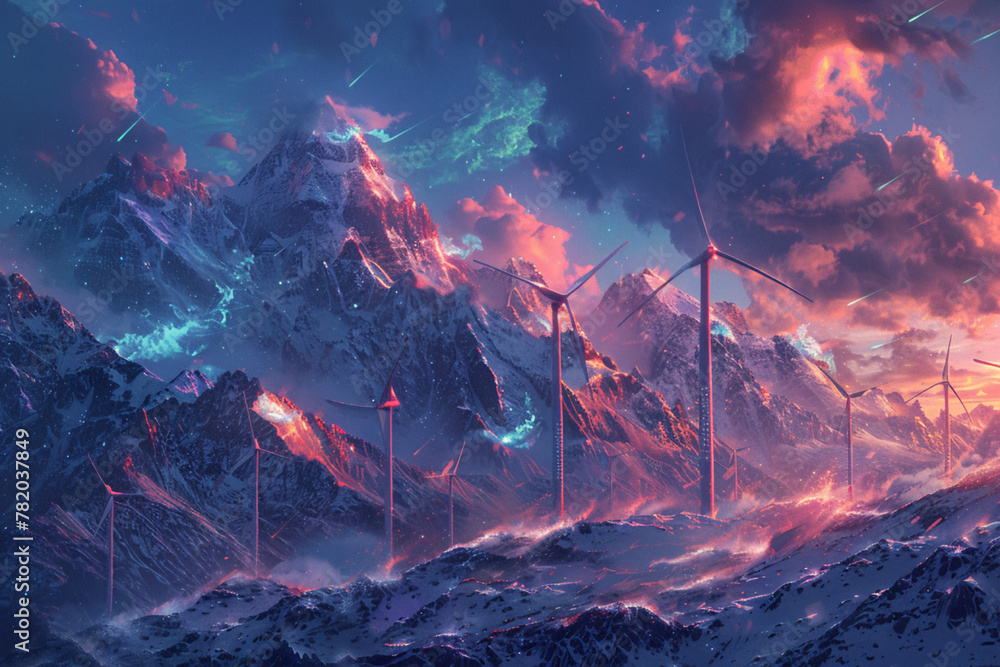 Generate abstract windmills set against a majestic mountain backdrop, with snow-capped peaks and a dramatic sky