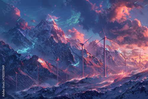 Generate abstract windmills set against a majestic mountain backdrop, with snow-capped peaks and a dramatic sky