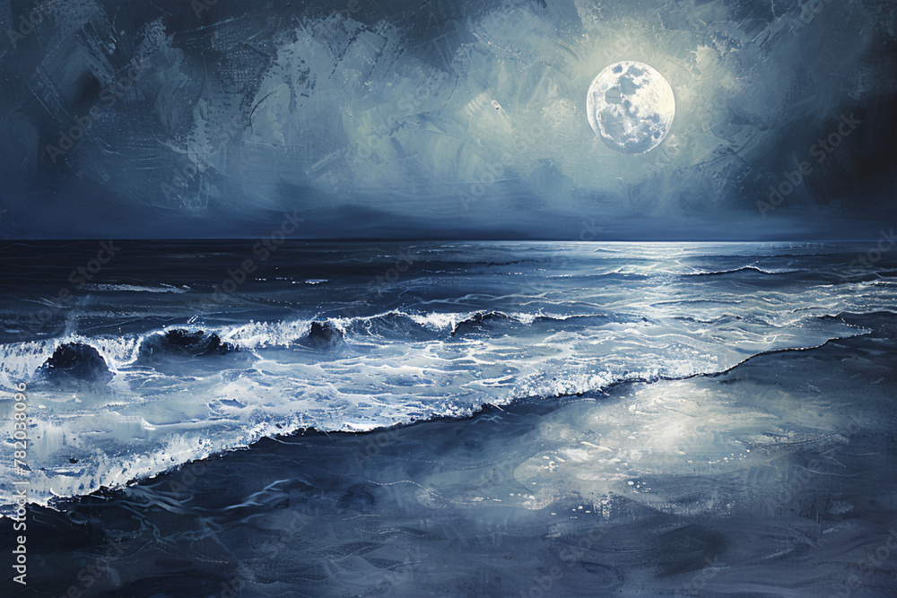 Generate an abstract depiction of the serene beauty of a moonlit beach, with shimmering waves lapping against the shore, and the silvery glow of the moon casting an otherworldly light on the landscape - obrazy, fototapety, plakaty 