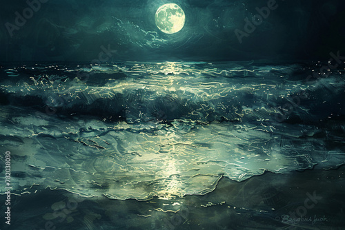 Generate an abstract depiction of the serene beauty of a moonlit beach, with shimmering waves lapping against the shore, and the silvery glow of the moon casting an otherworldly light on the landscape