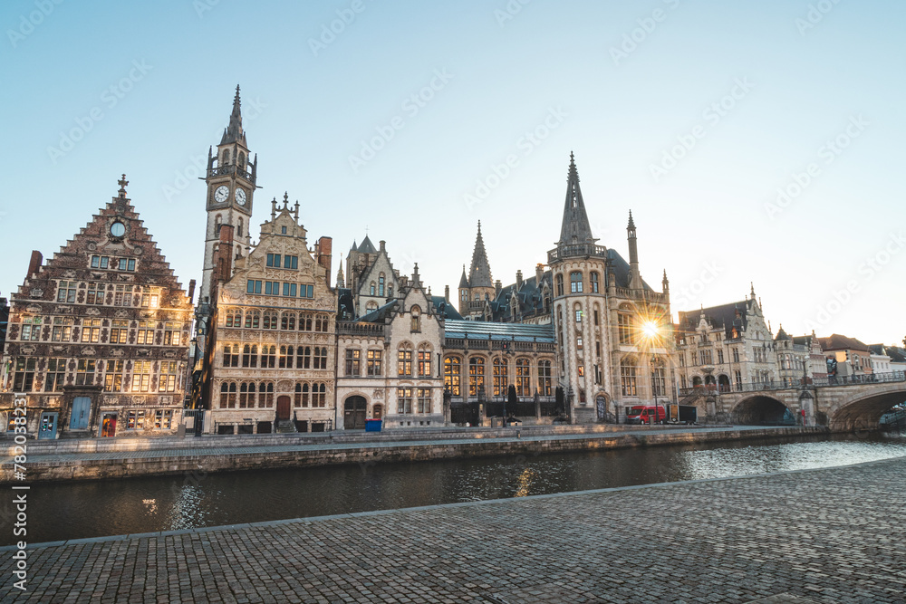 Ghent promenade called the Graslei and the charming historic houses at sunrise. The centre of the Belgian city. Flanders