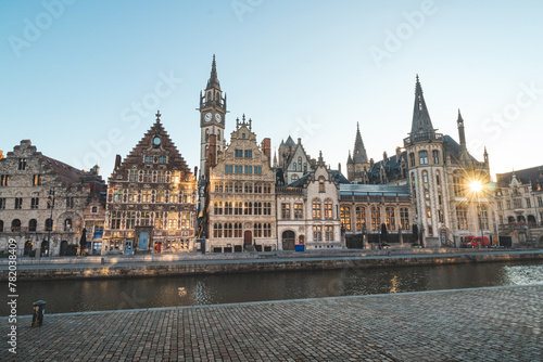 Ghent promenade called the Graslei and the charming historic houses at sunrise. The centre of the Belgian city. Flanders