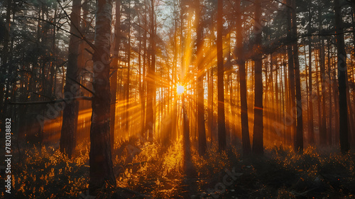 Golden hour sunlight filtering through the trees in a forest.