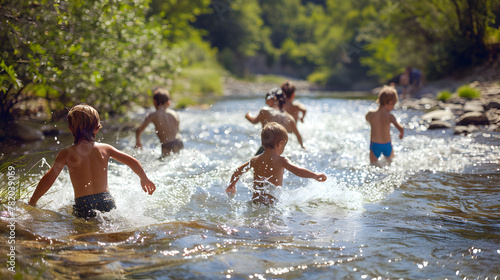 Joyful kids playing in a sparkling river on a hot summer day.