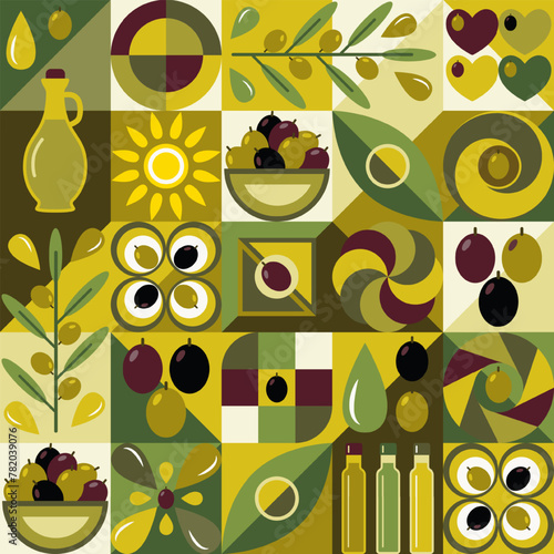 Background with olive berry icons, olive oil, design elements in flat simple geometric style. Seamless pattern with abstract shapes. Good for branding, decoration of food package, decorative print