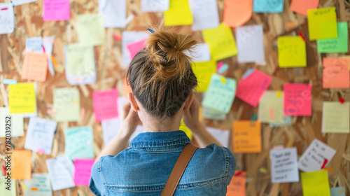 Backview of a woman front of full of sticky notes. Background photos for new idea and project. Generateive AI. © AtoZ Studio