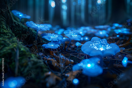 Generate an AI image portraying the enchanting beauty of bioluminescent fungi illuminating the forest floor, casting an ethereal glow on the nocturnal creatures venturing through the underbrush