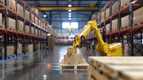 The robot sorts the boxes in the warehouse. AI.
