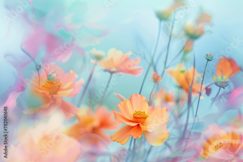 Beautiful cosmos flowers in a vibrant field under a blue sky with pink and orange flowers in background