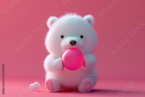 White Teddy Bear Holding Pink Ball on Pink Background with Hearts Cute and Playful Toy Concept Photo