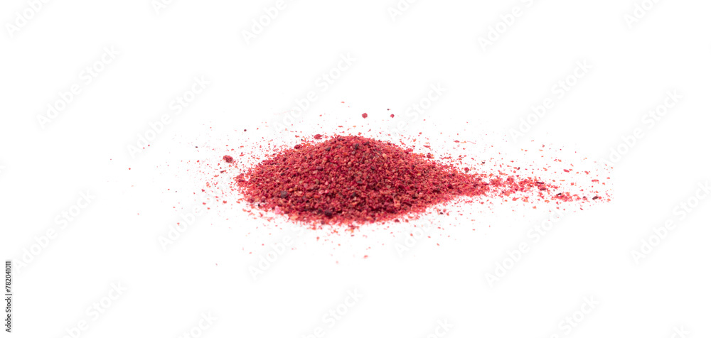 Sumac Powder Isolated, Red Sumach Ground Seasoning, Dry Sumak, Crushed Typhina Seeds