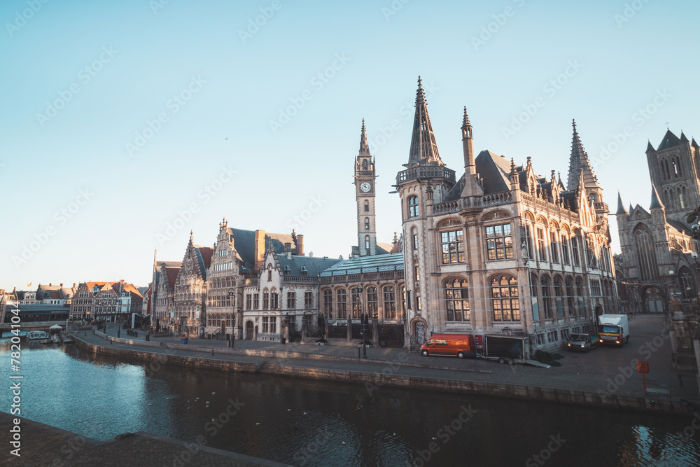 Ghent promenade called the Graslei and the charming historic houses at sunrise. The centre of the Belgian city. Flanders Ghent promenade called the Graslei and the charming historic houses at sunrise. The centre of the Belgian city. Flanders