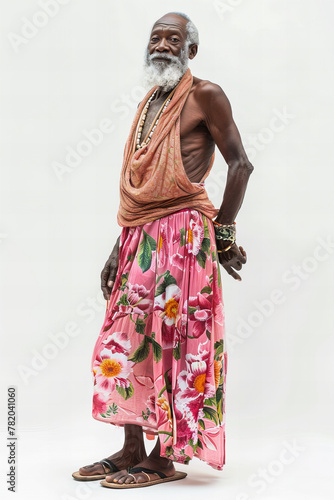 Elegant Elderly Man Embracing Cultural Fashion with Floral Skirt Banner