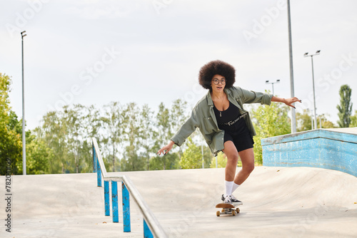 A young African American woman with curly hair confidently rides a skateboard down the side of a ramp at an outdoor skate park.