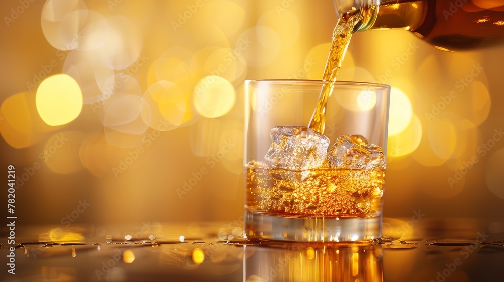 © Pravinrus - Close-up Pouring a whisky to glass, against a warm yellow background.